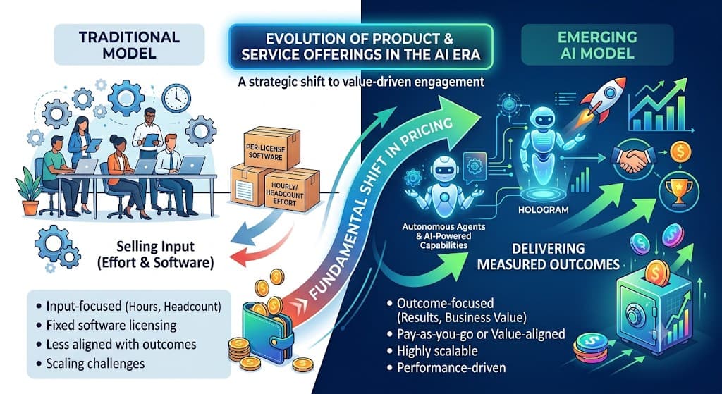 Evolution of product and service offerings in the AI era: from the traditional input-based model (per-license software, hourly/headcount effort) to the emerging AI model of measured outcomes, with a fundamental shift in pricing.